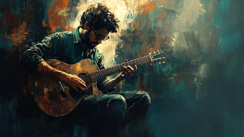 Seated guitarist holds acoustic instrument in stylized painting