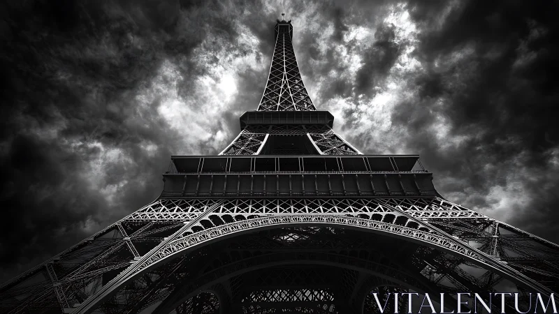 Storm-lit Eiffel giant rising into a brooding Parisian sky.