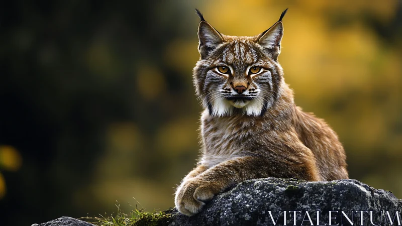 Lynx Portrait with Pointed Ears on Moss-Covered Rock