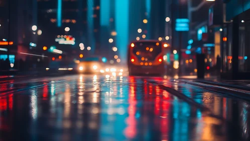 Defocused rainy city street captures bokeh traffic lights and wet reflections