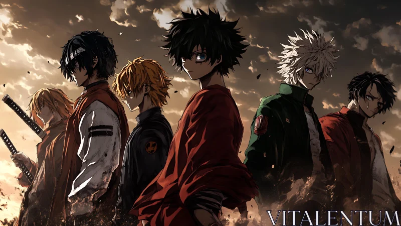 Cinematic anime lineup in storm-lit battlefield panorama.