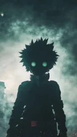 Mysterious glowing‑eyed hero emerging from smoky twilight.