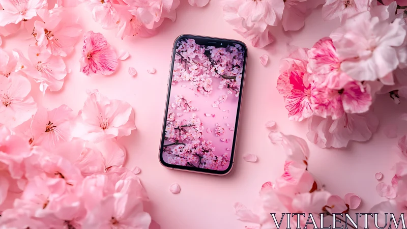 Smartphone Surrounded by Pink Cherry Blossoms.