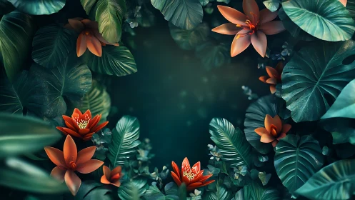 Radial tropical foliage frame with luminous scarlet blossoms.