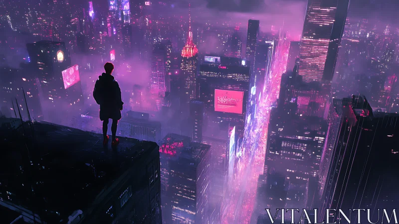 Solitary dreamer overlooking a neon soaked cyber city night.