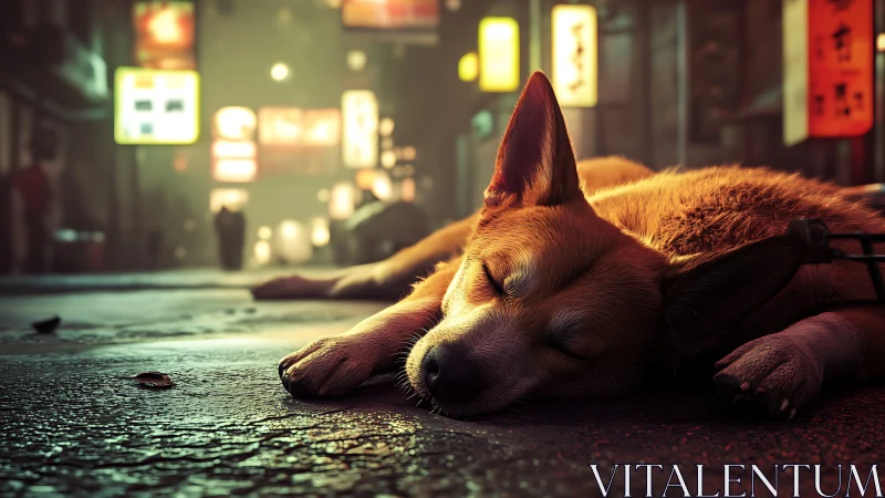 Stray dog sleeps on wet neon alley street at night