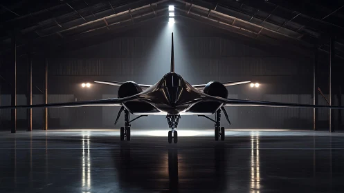 Supersonic reconnaissance aircraft is centered in dim hangar