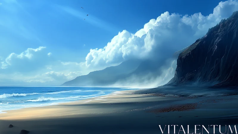 Sunlit mist along towering coastal cliffs at dawn.