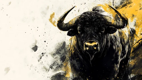 Charging bull portrait in bold yellow and black splatter art.