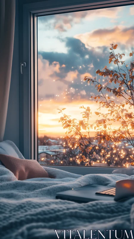 Cozy bed by window with sunset sky and glowing lights.
