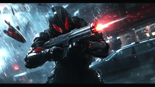 Armored cybernetic soldier discharges rifle in rain-soaked urban street