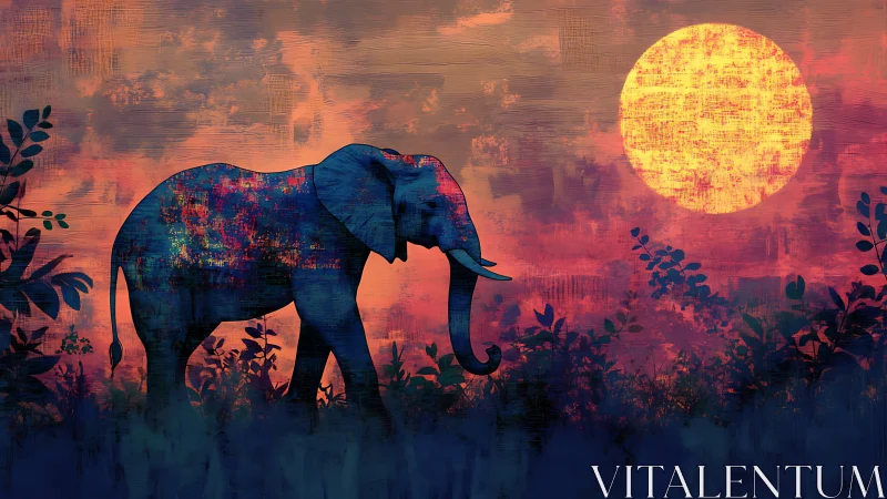 Gentle elephant wanders beneath a glowing sunset moon