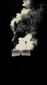 Monochrome child profile merges with book and forest imagery.