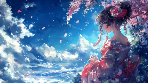 Kimono-clad girl under cherry blossoms against luminous sky