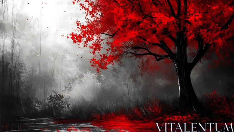 Red maple dominates monochrome misty forest in stylized contrast