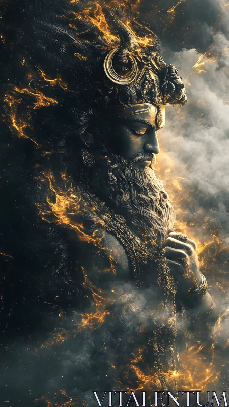 Fiery celestial deity emerges in swirling smoke and embers.