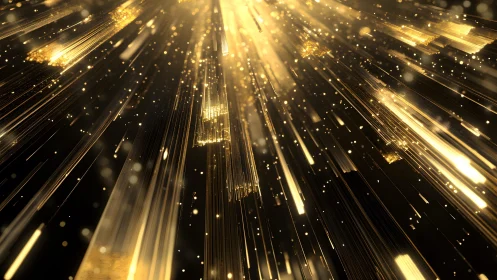 Abstract golden light beams and sparkles on dark background.
