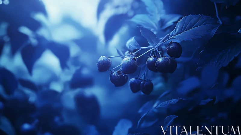 Cluster of wet berries hangs on branch in cool blue light