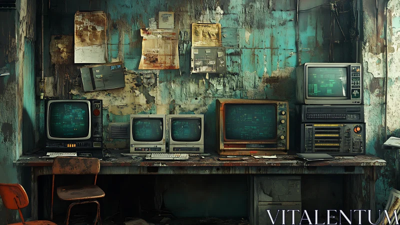 Retro control room with decaying teal walls and terminals.