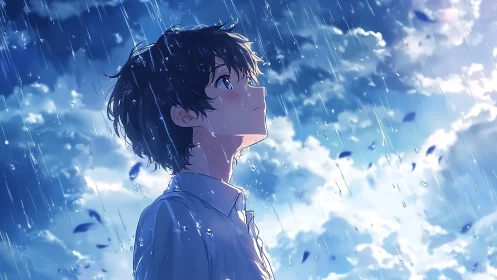 Melancholic boy under luminous blue rainstorm sky.