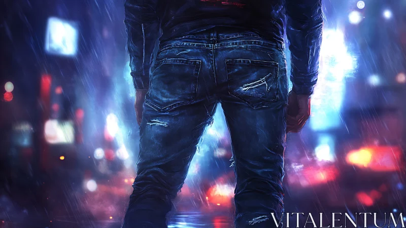 Lone figure stands in neon city street during heavy rain