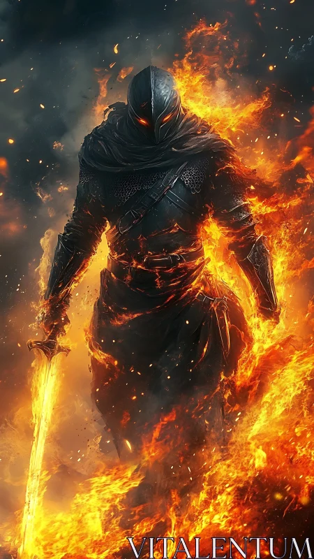 Flaming dark knight strides forward wrapped in blazing fire