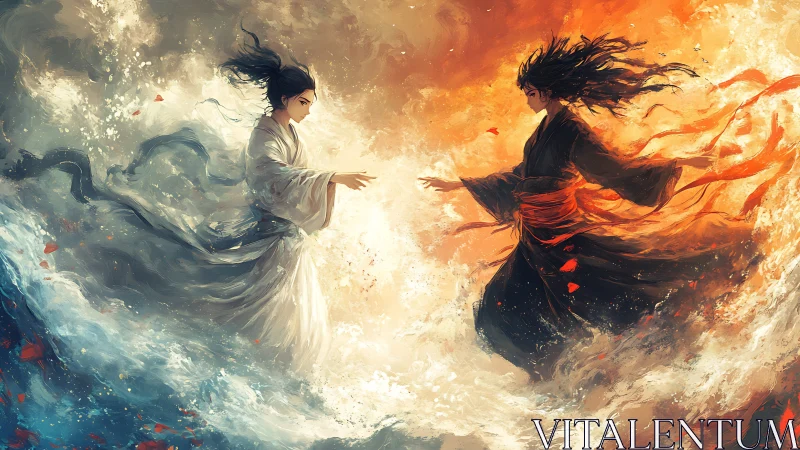 Water goddess confronts fire warrior across swirling elements