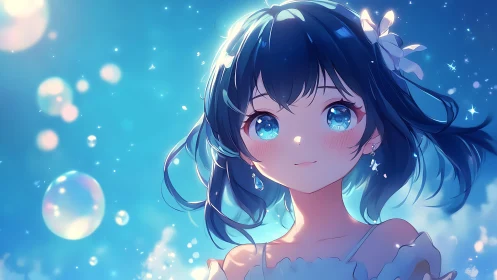 Blue-eyed anime girl under glowing bubbles at dusk.