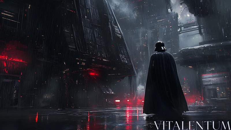 Lone dark figure patrols rain-soaked neon empire corridor.