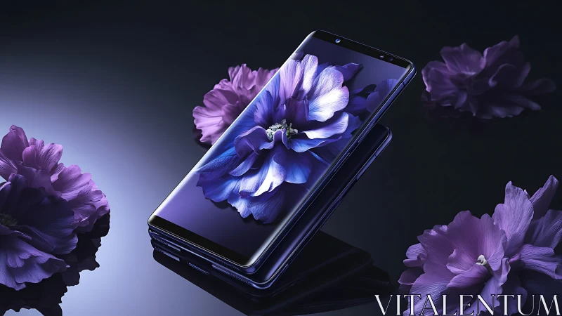 OLED smartphone render with violet macro florals and reflections.