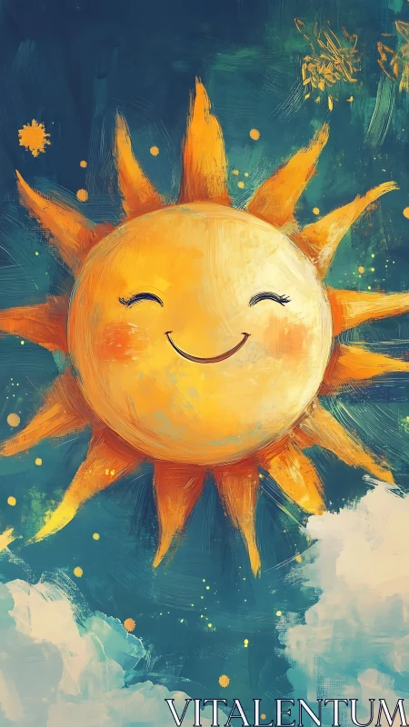 Radiant anthropomorphic sun with expressive painterly brushwork.
