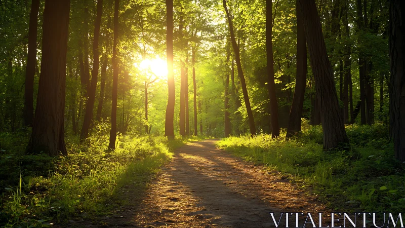 Sunlit forest path with lush greenery in tranquil morning light.