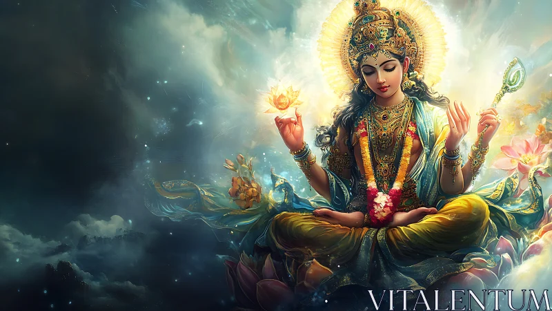 Divine goddess seated in lotus amid radiant cosmic light.