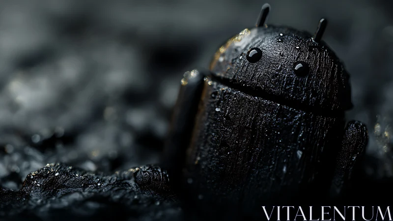 Glistening black robot mascot gleams in macro closeup.