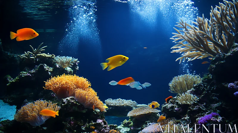 Tropical reef fish circle dense corals in blue aquarium light