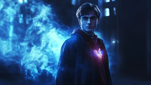 Young wizard in blue aura with glowing chest emblem.