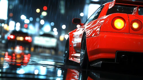 Red sports coupe on wet neon city street at night.