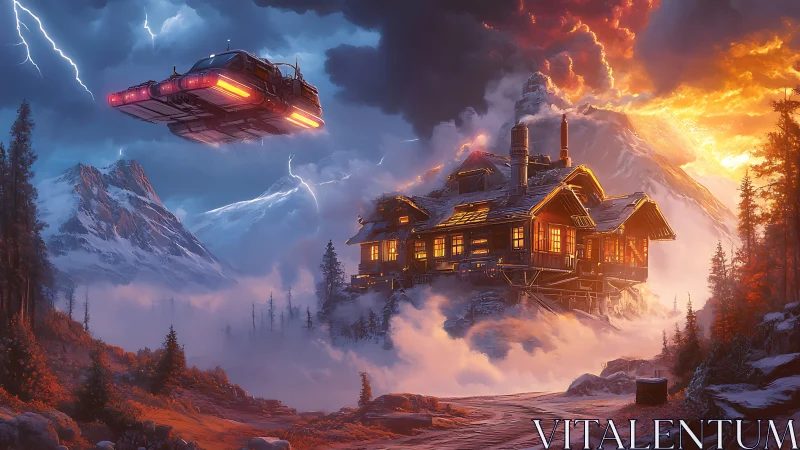 Futuristic mountain cabin with flying car and stormy sky.