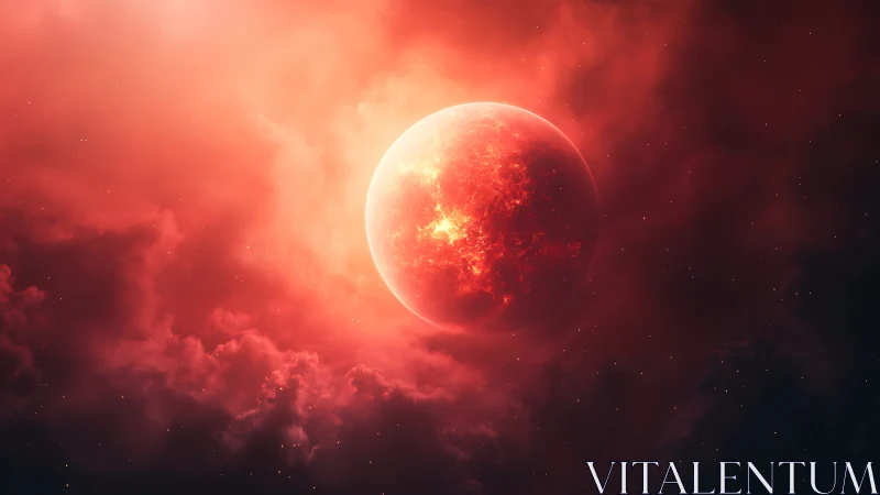 Ember planet rising through molten scarlet cosmic clouds.