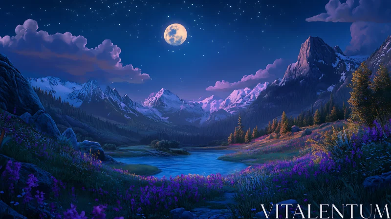 Moonlit alpine valley landscape shows lake, peaks and stars