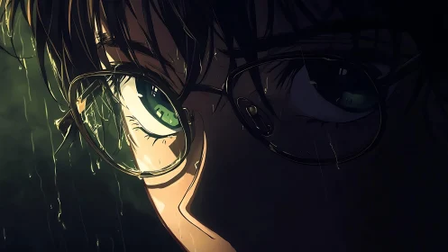 Rain-soaked anime gaze holding quiet storms of emotion.