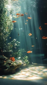 Sunlit underwater garden with drifting golden fish.