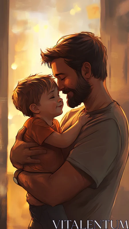 Father holding young child in warm backlit interior scene.