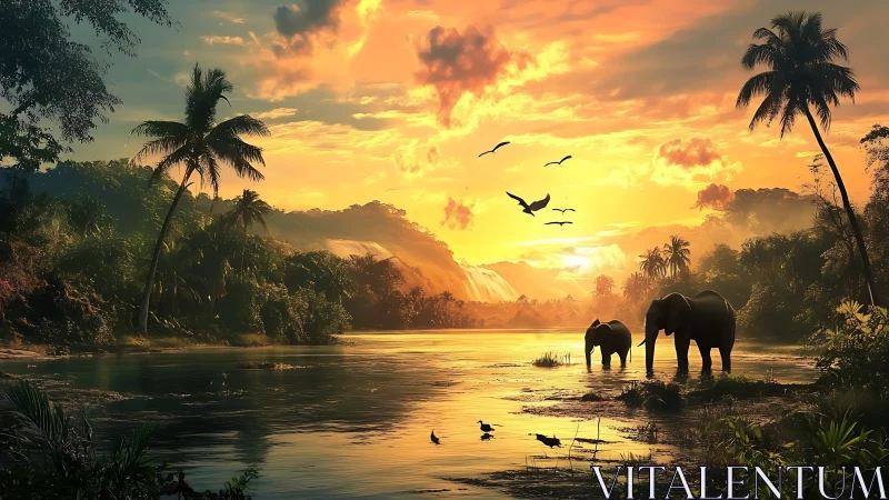 Radiant tropical riverine ecosystem with elephants at sundown.