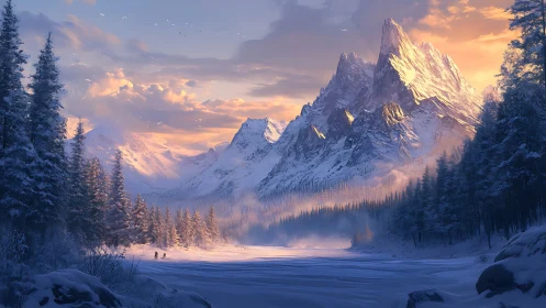 Winter alpine landscape with frozen river and sharp peaks.