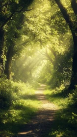 Golden forest path bathed in ethereal sunlight.