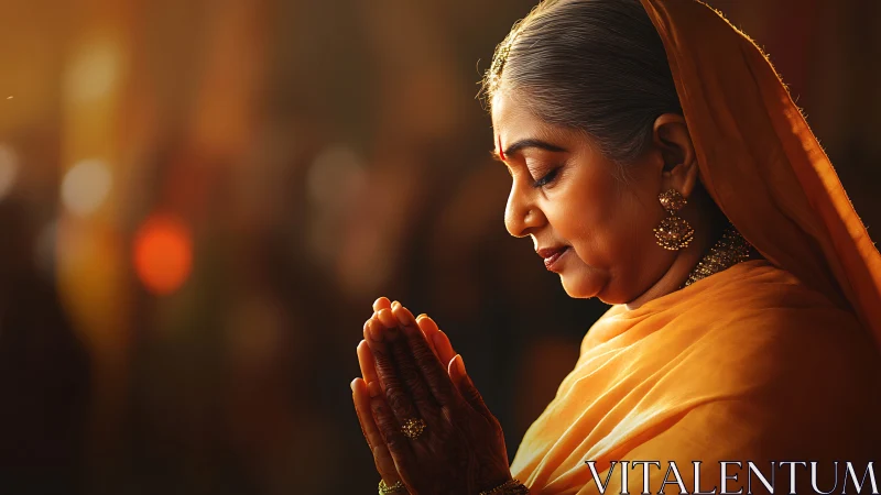 Elderly Indian Woman Praying in Warm Traditional Portrait Style.