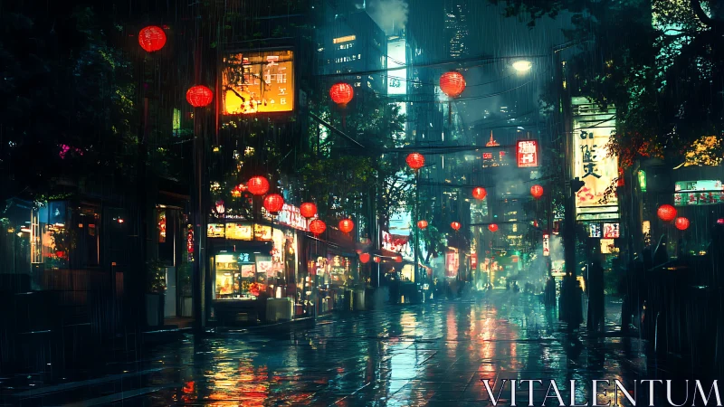 Neon rain drapes a lantern-lit midnight street in bloom.