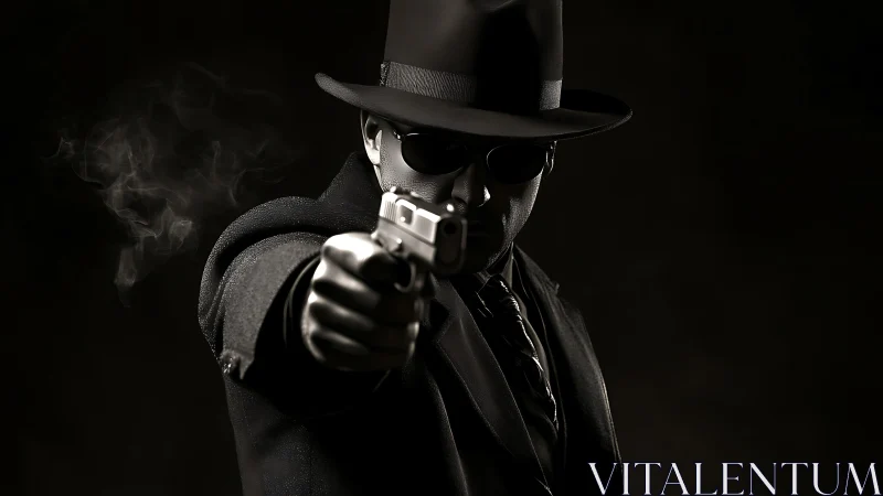 Man in dark suit aiming handgun toward camera lens.
