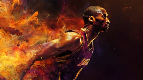 Dynamic basketball sprint in combustive chromatic motion field.